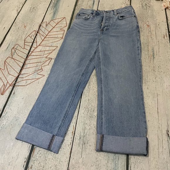 Aritzia Denim Forum 25 arlo high rise straight 28L jeans button fly blue cuffed - Picture 2 of 9